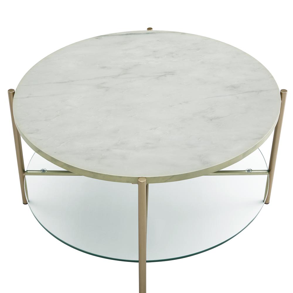 32" White Faux Marble Round Coffee Table with Glass Shelf- Gold. Picture 3