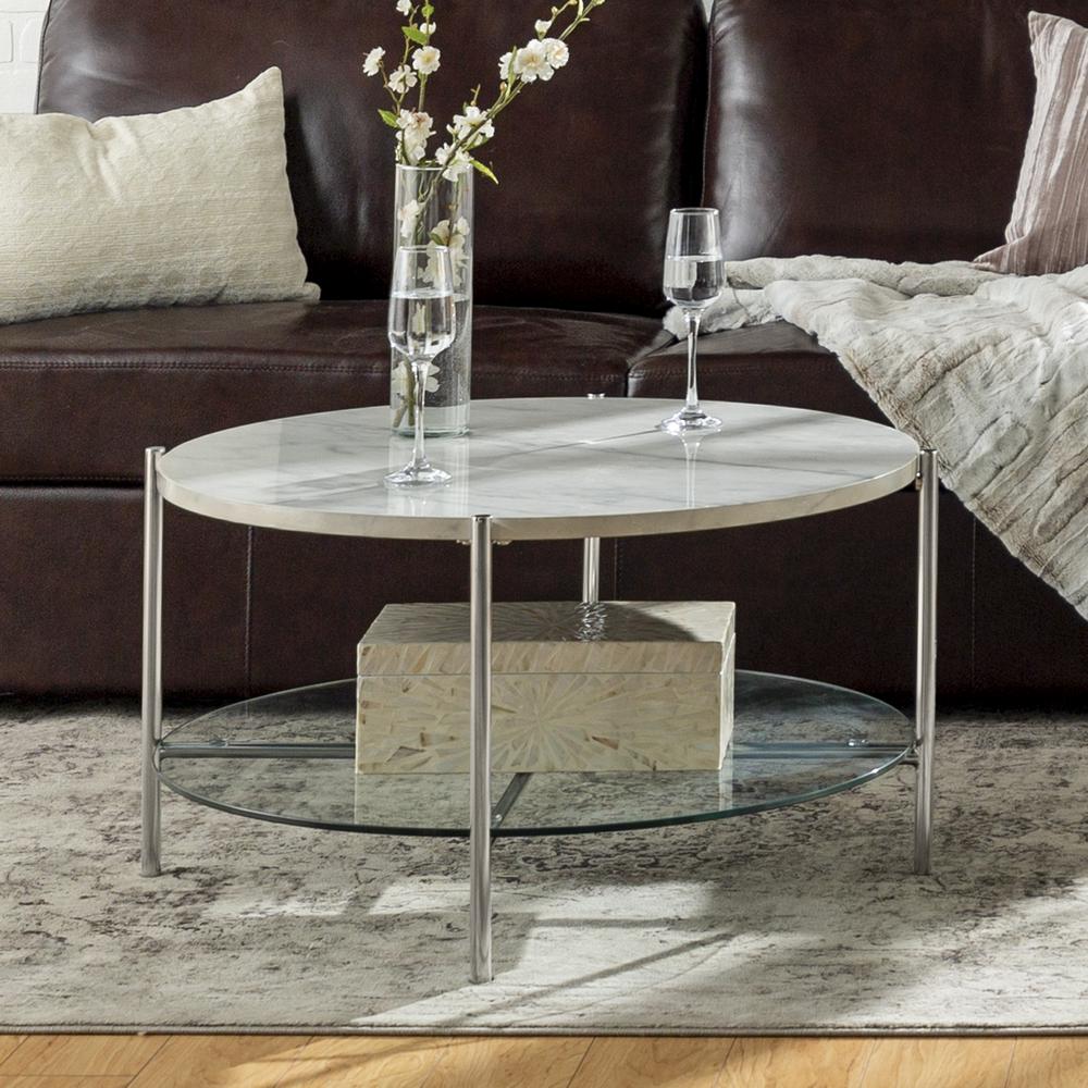 White Faux Marble Round Coffee Table, 30 Round Coffee Table With Shelf