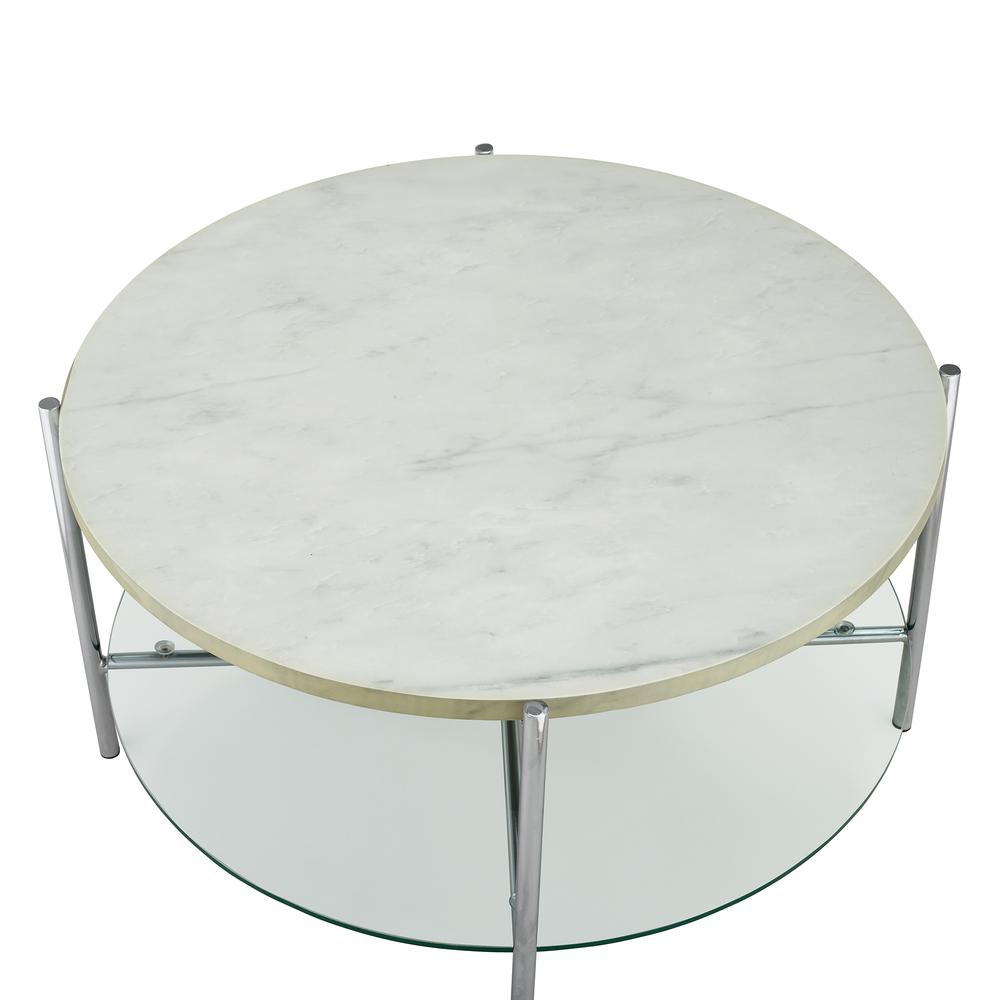 30" White Faux Marble Round Coffee Table with Glass Shelf- Chrome. Picture 3