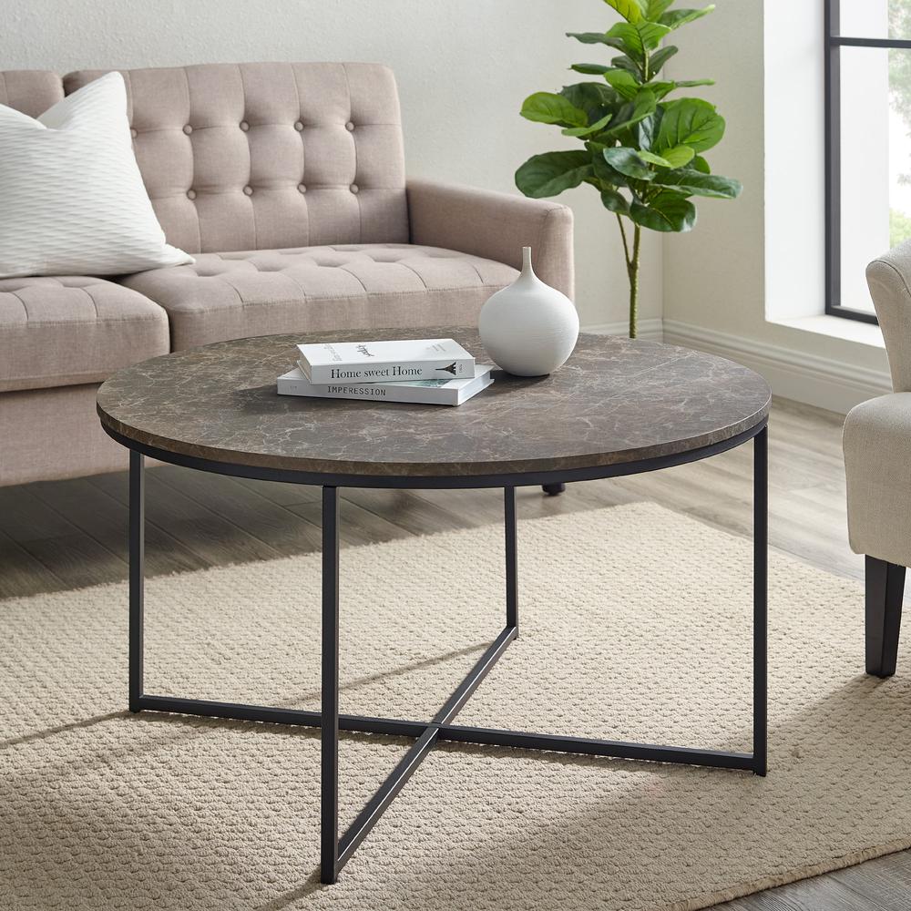 Alissa 36" Coffee Table with X Base - Brown Faux Marble/Black. Picture 3