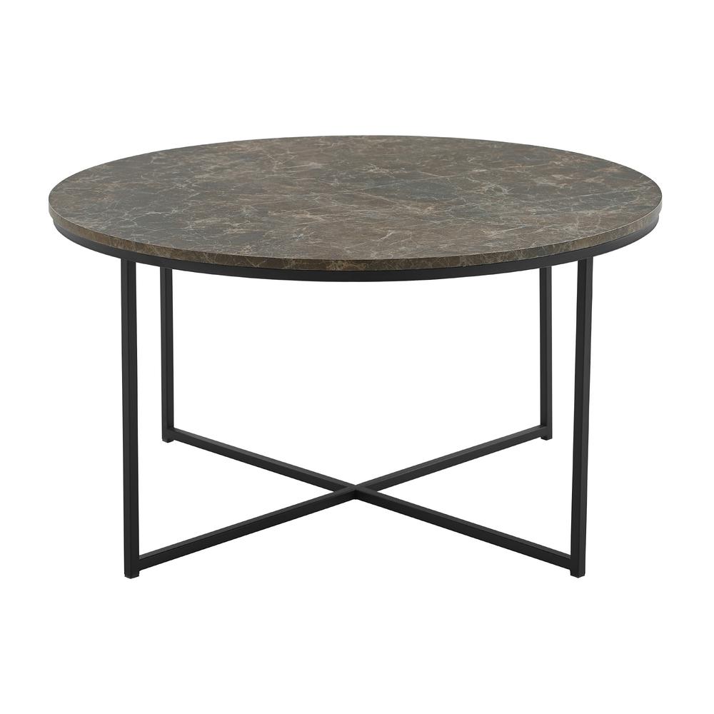 Alissa 36" Coffee Table with X Base - Brown Faux Marble/Black. Picture 7