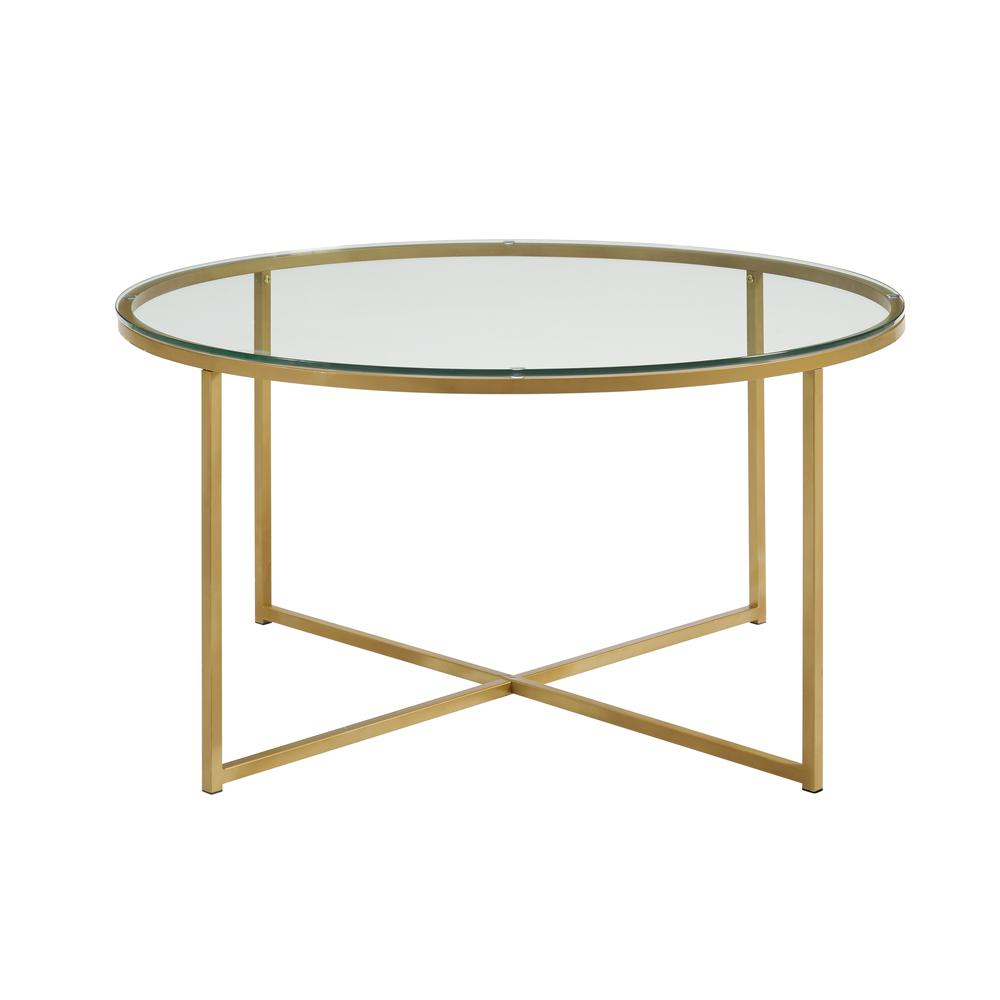 36" Coffee Table with X-Base - Glass/Gold. Picture 1