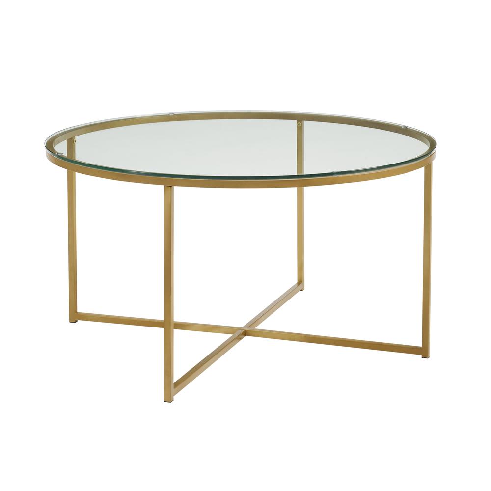 36" Coffee Table with X-Base - Glass/Gold. Picture 3