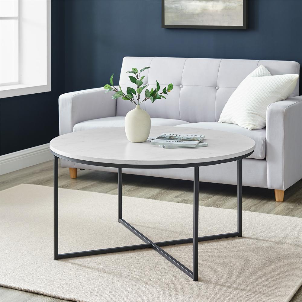 Alissa 16" Coffee Table with X-Base - Faux White Marble/Black. Picture 6