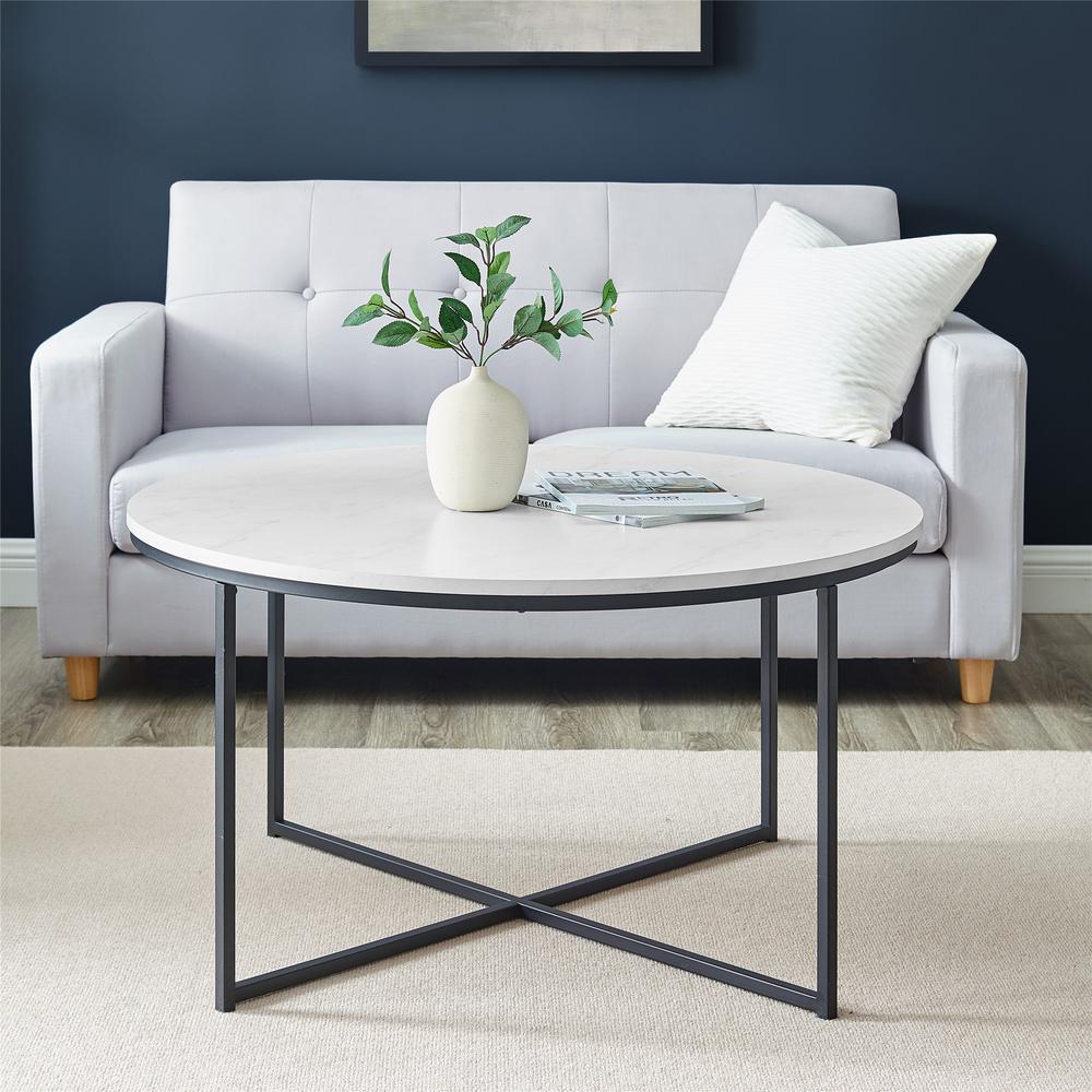Alissa 16" Coffee Table with X-Base - Faux White Marble/Black. Picture 7
