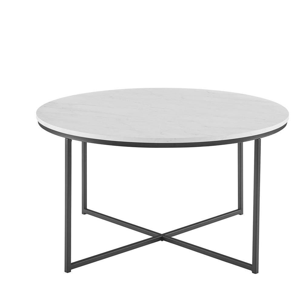 Alissa 16" Coffee Table with X-Base - Faux White Marble/Black. Picture 2