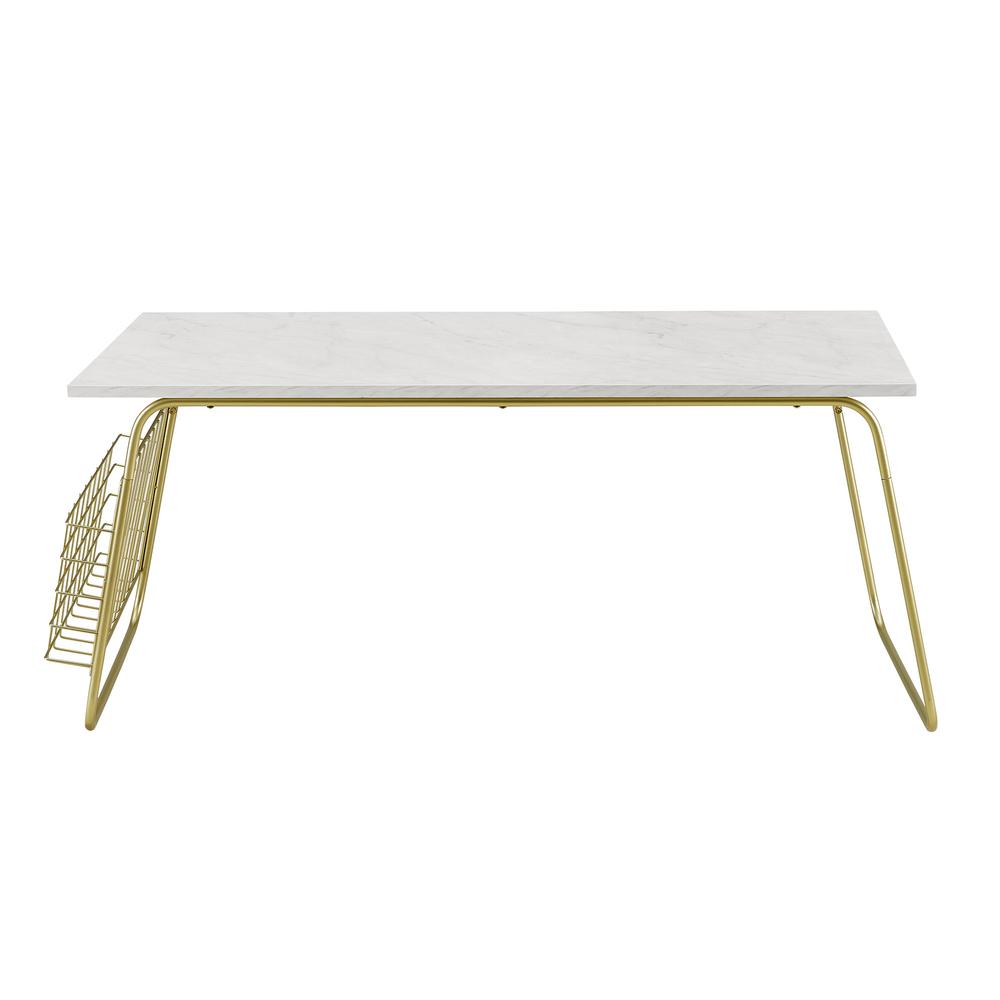 40" Modern Coffee Table with Magazine Holder - White Faux Marble/Gold. Picture 3