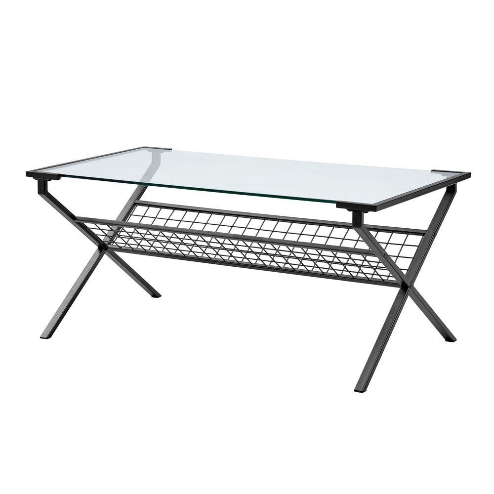 42" Modern Metal & Glass Coffee Table with Magazine Holder - Black. Picture 1