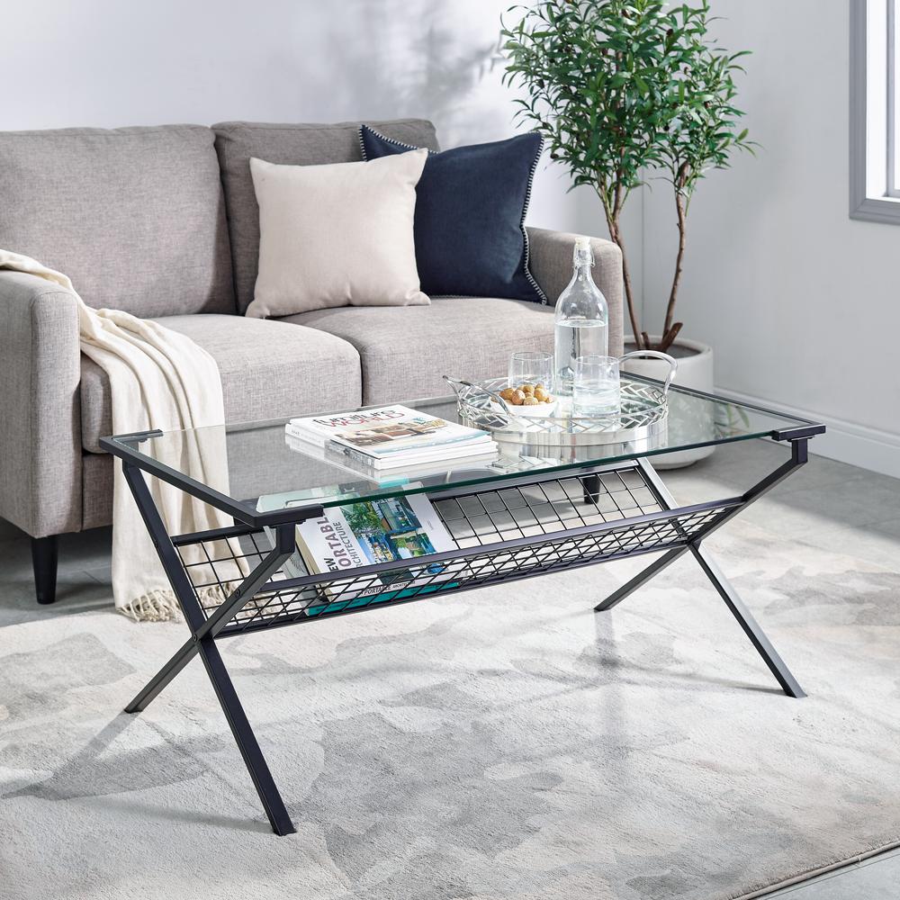 42" Modern Metal & Glass Coffee Table with Magazine Holder - Black. Picture 2