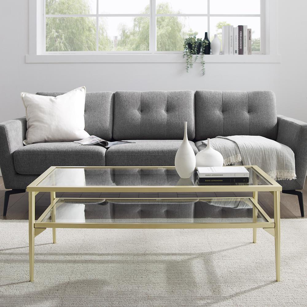 Rayna 42" Two Tier Glass and Metal Coffee Table - Gold. Picture 7