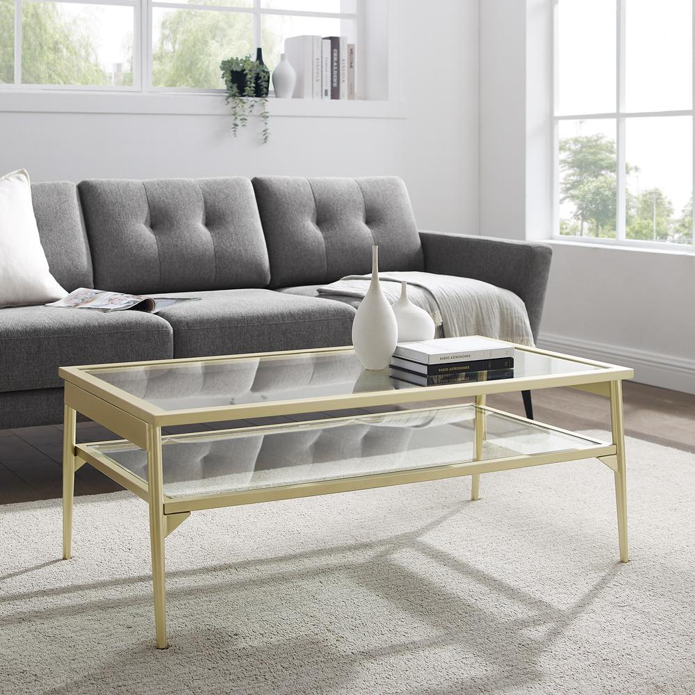 Rayna 42" Two Tier Glass and Metal Coffee Table - Gold. Picture 6
