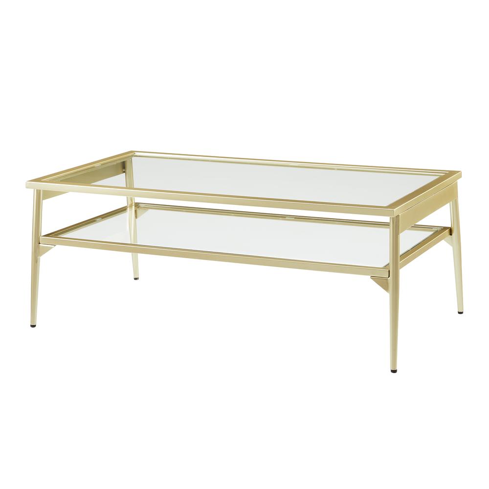 Rayna 42" Two Tier Glass and Metal Coffee Table - Gold. Picture 1