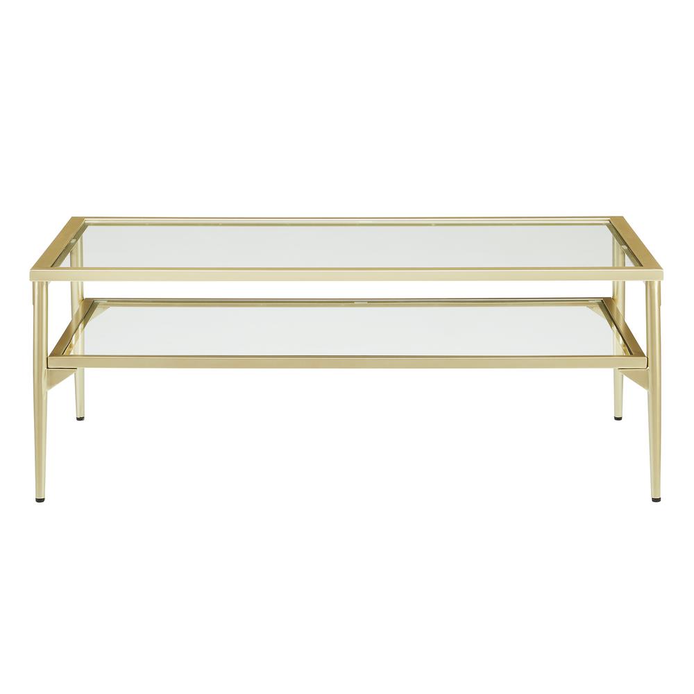 Rayna 42" Two Tier Glass and Metal Coffee Table - Gold. Picture 2