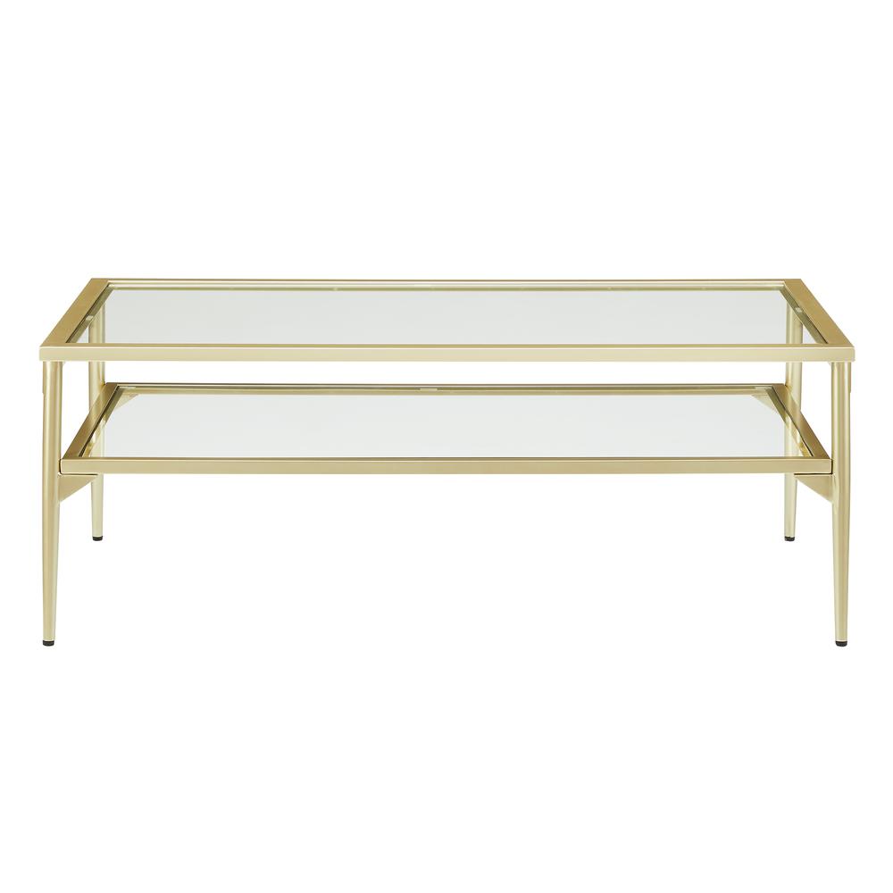 Rayna 42" Two Tier Glass and Metal Coffee Table - Gold. Picture 4