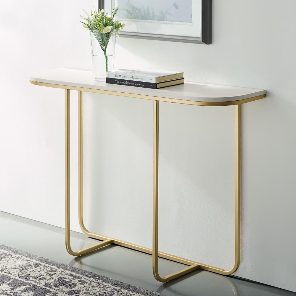 44" Modern Curved Entry Table - White Faux Marble/Gold. Picture 3