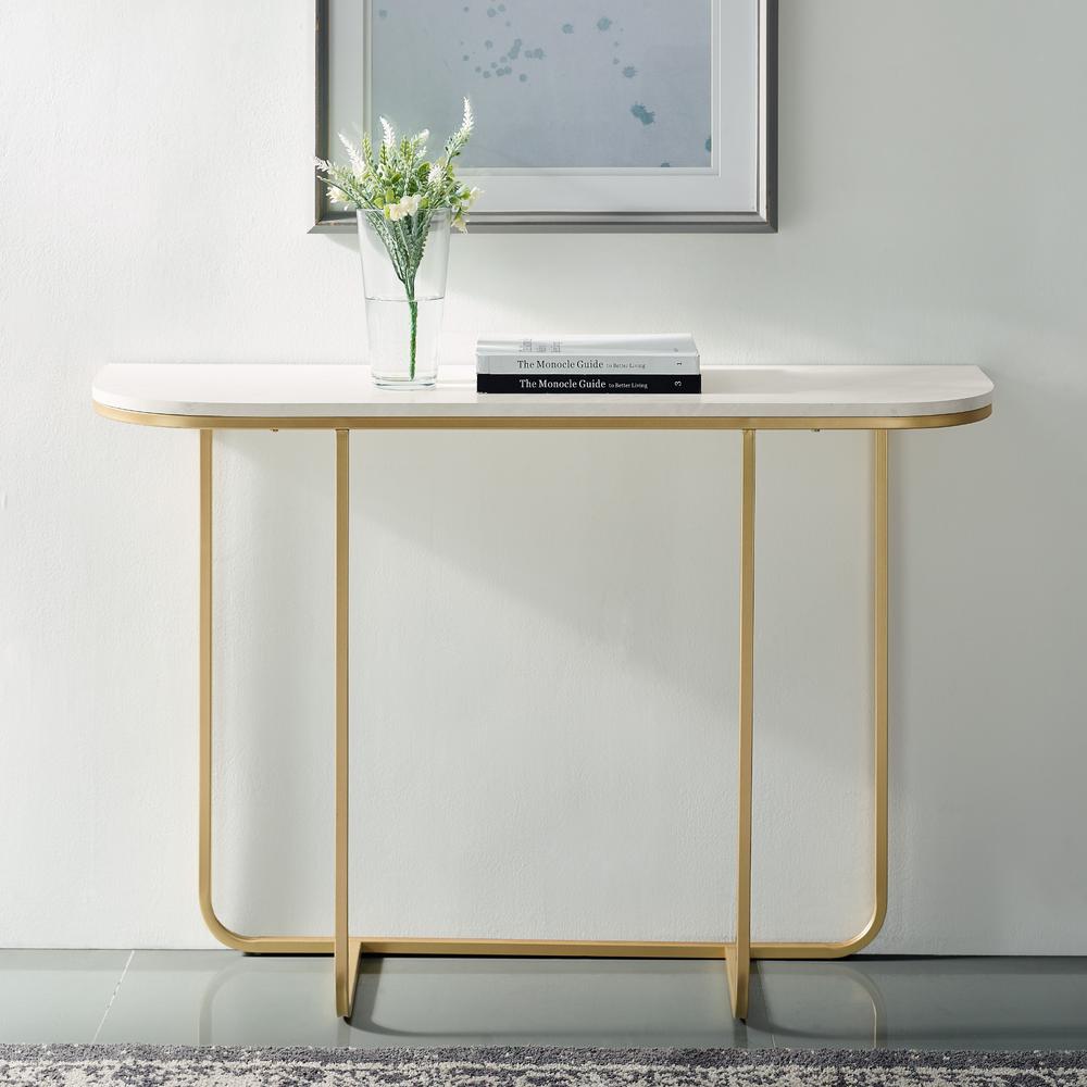 44" Modern Curved Entry Table - White Faux Marble/Gold. Picture 2