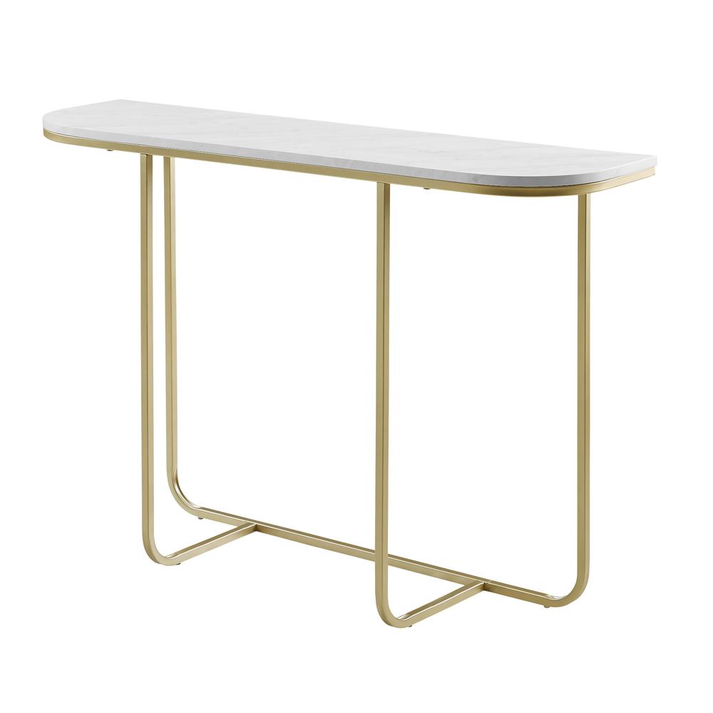44" Modern Curved Entry Table - White Faux Marble/Gold. Picture 1