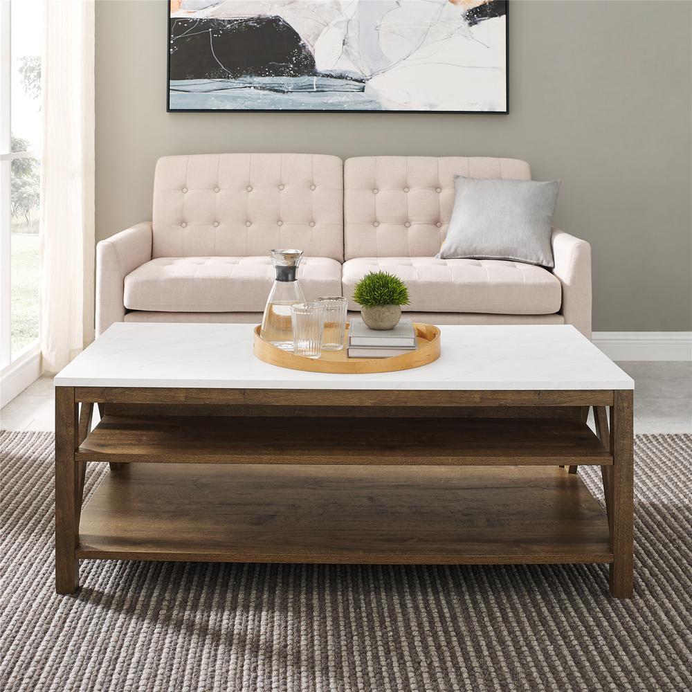 48" A Frame Farmhouse Coffee Table - Faux White Marble/Natural Walnut. Picture 4