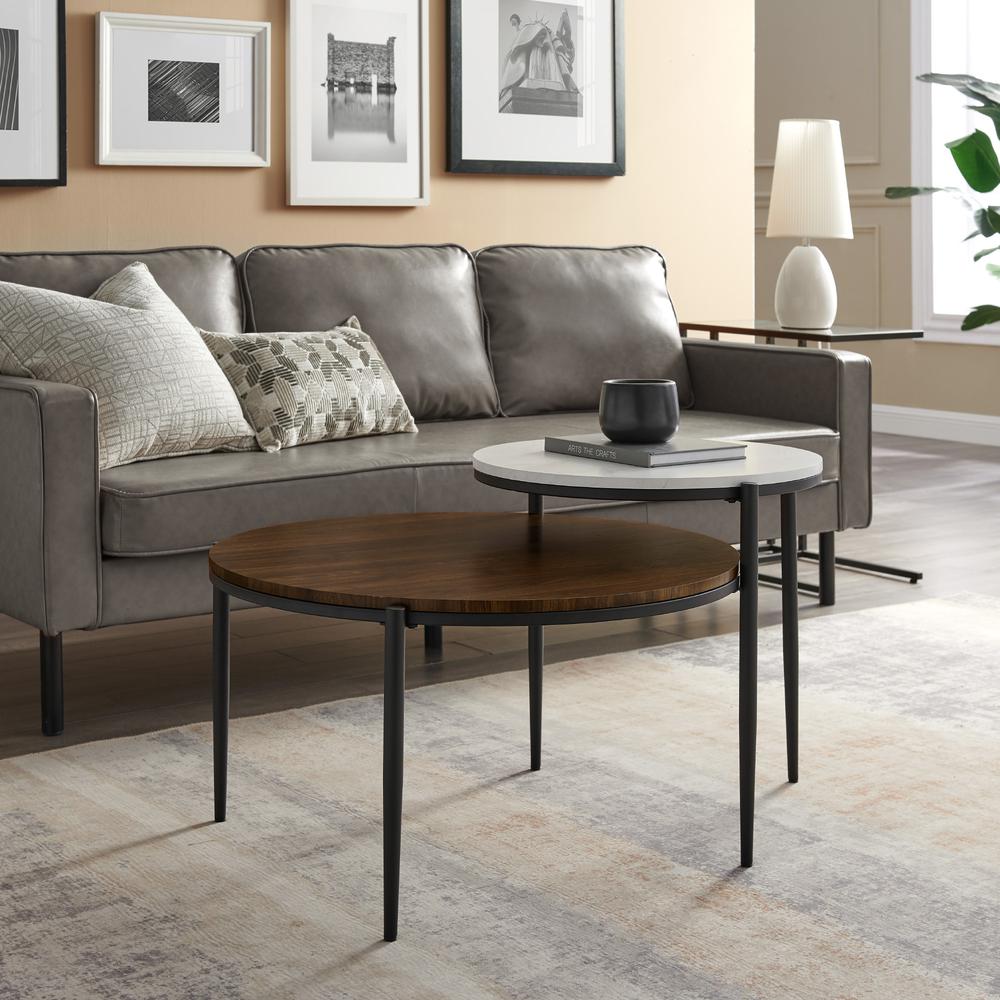 Ella Round Tiered Two-Tone Coffee Table - Faux White Marble/Dark Walnut. Picture 6