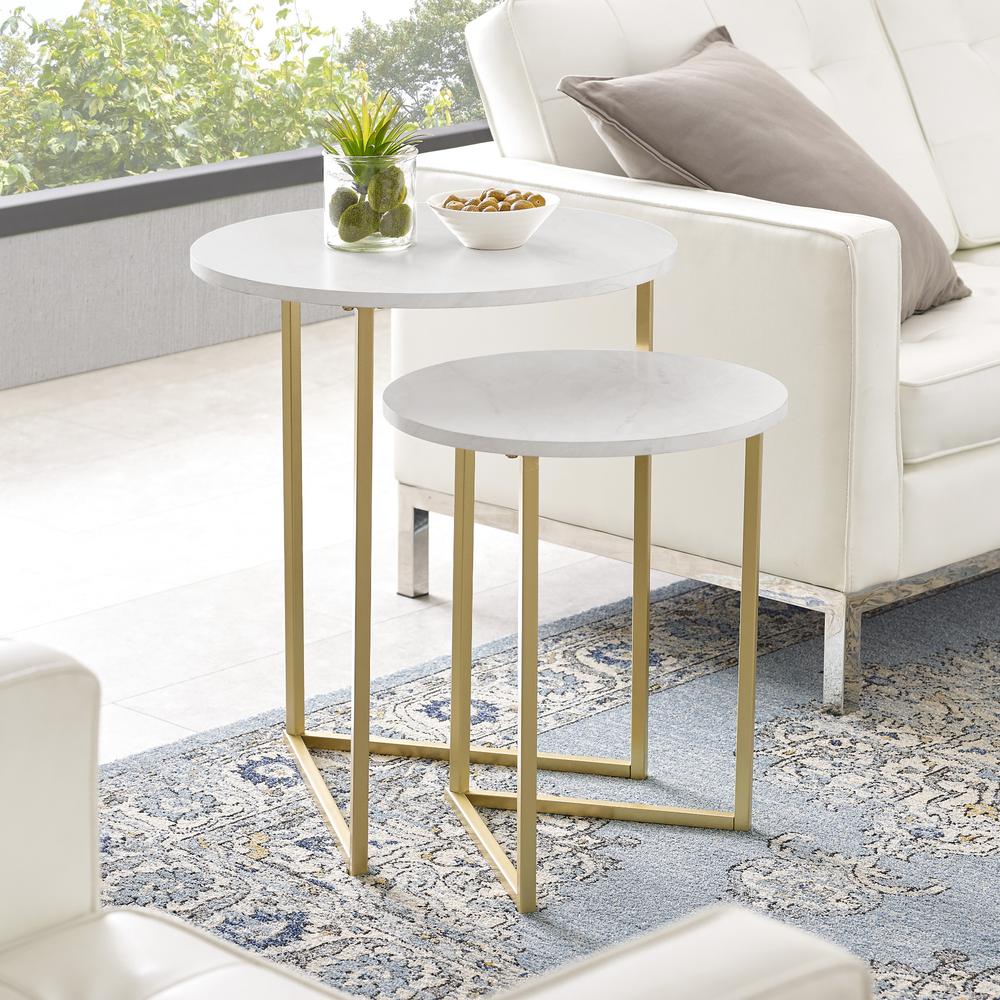 2-Piece V-Leg Nesting Side Tables - White Faux Marble/Gold. Picture 2