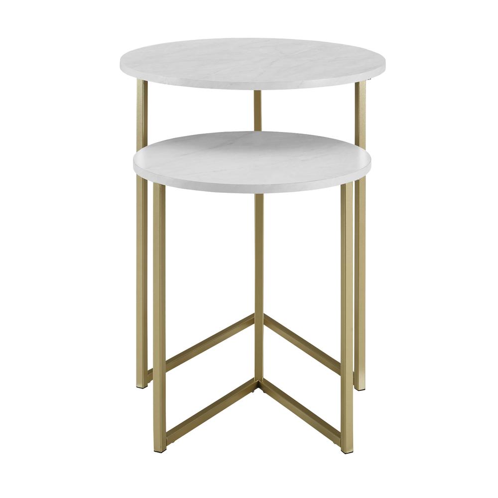2-Piece V-Leg Nesting Side Tables - White Faux Marble/Gold. Picture 1