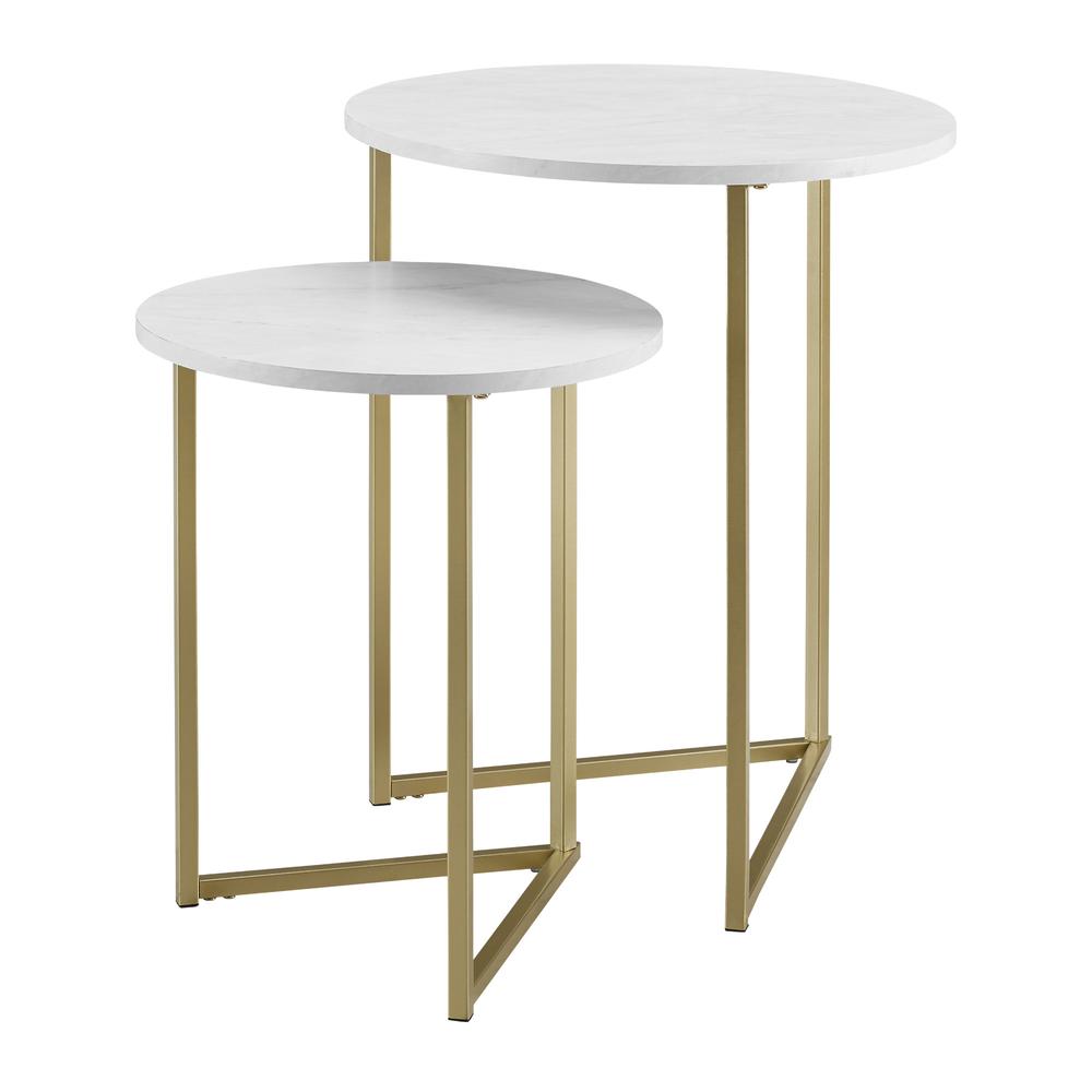 2-Piece V-Leg Nesting Side Tables - White Faux Marble/Gold. Picture 3