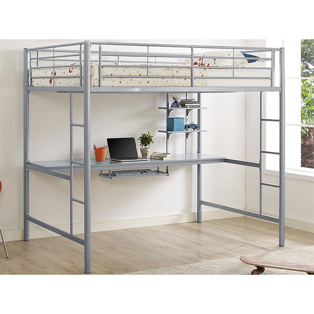 Premium Metal Full Size Loft Bed with Wood Workstation - Silver. Picture 2