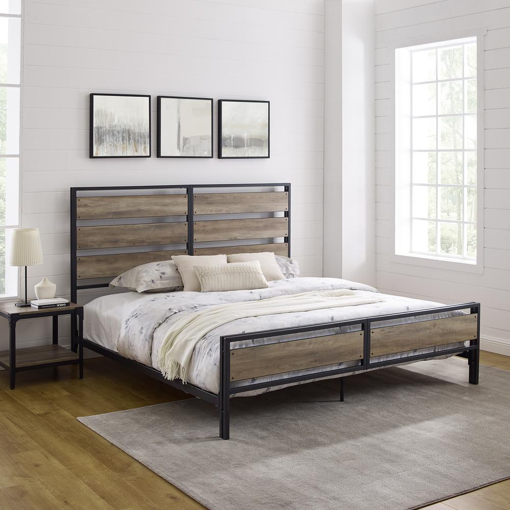 King Size Industrial Slat Bed - Grey Wash. Picture 1