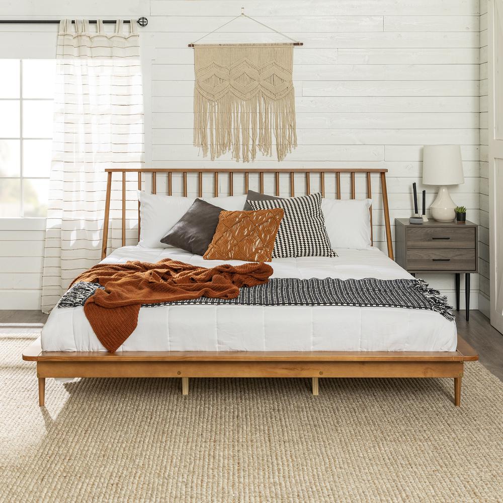 King Mid Century Modern Solid Wood Spindle Platform Bed - Caramel. Picture 3