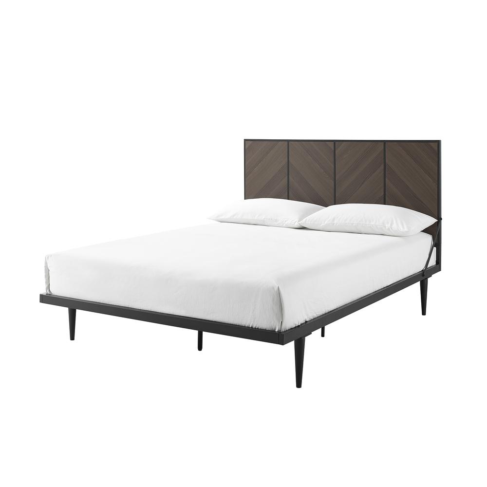 4 Panel Metal and Wood Queen Platform Bed - Ash Brown Bookmatch. Picture 1