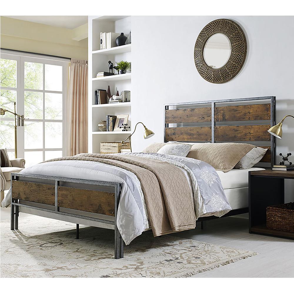 Queen Size Metal and Wood Plank Bed - Brown. Picture 2