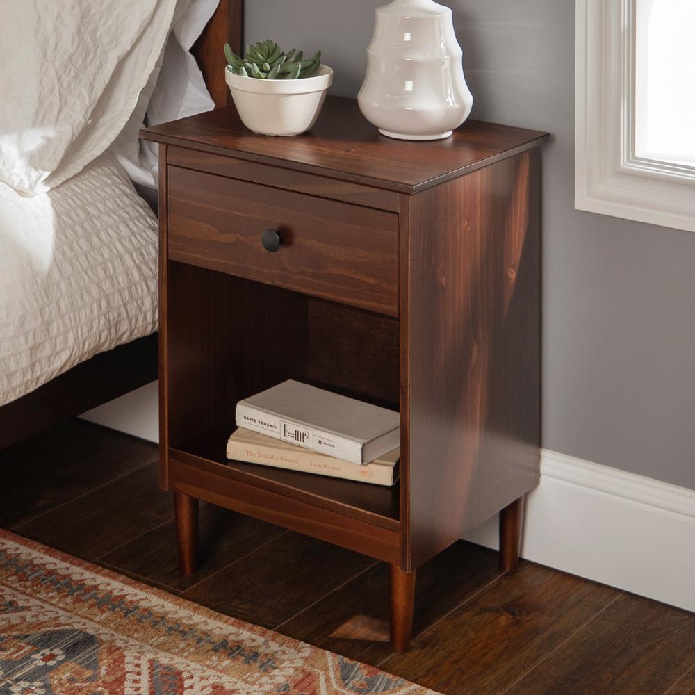 2 Piece, 1 Drawer Solid Wood Nightstands - Walnut. Picture 1