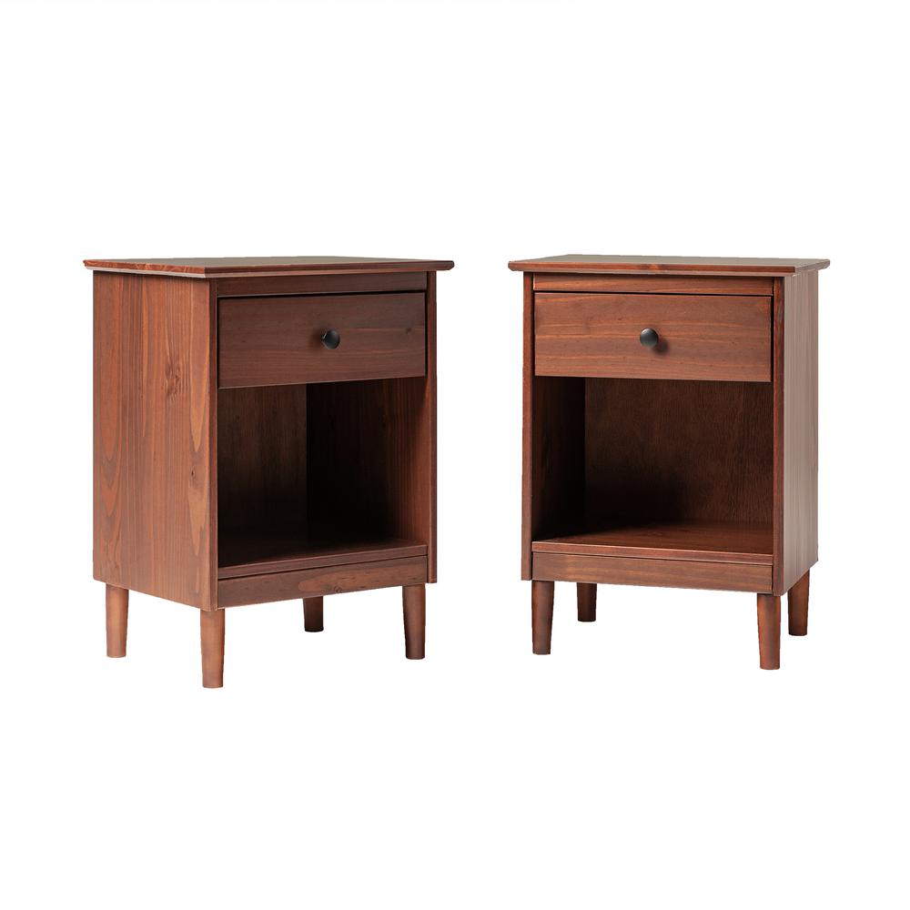 2 Piece, 1 Drawer Solid Wood Nightstands - Walnut. Picture 2