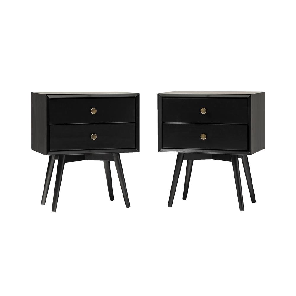 Mid Century Modern 2-Piece 2 Drawer Solid Wood Nightstand Set - Black. Picture 1