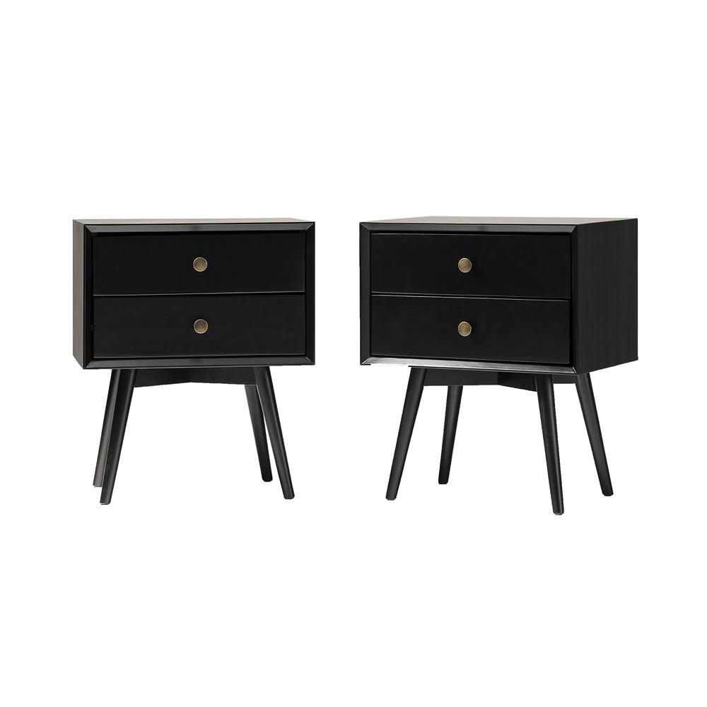 Mid Century Modern 2-Piece 2 Drawer Solid Wood Nightstand Set - Black. Picture 3