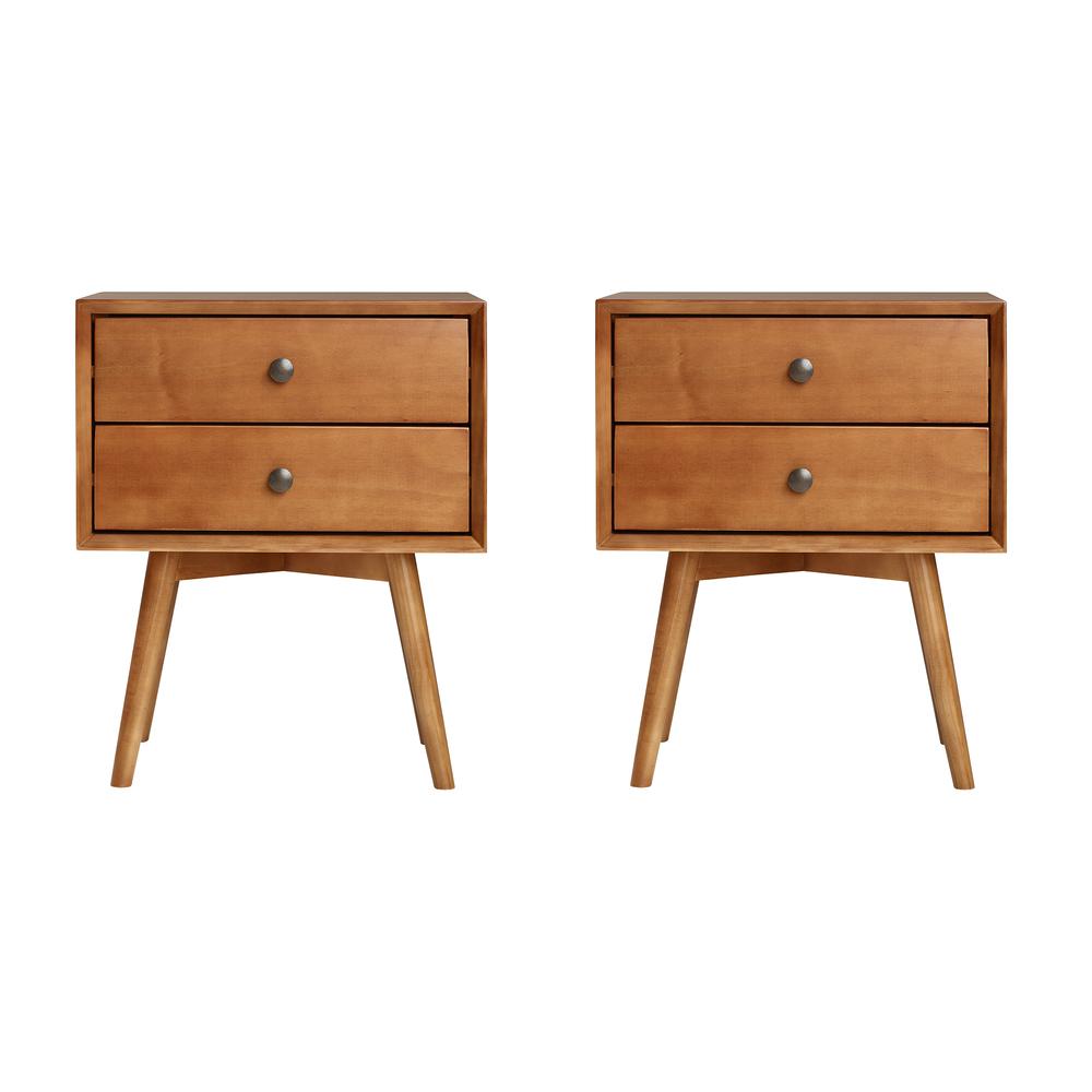 Mid Century Modern 2-Piece 2 Drawer Solid Wood Nightstand Set - Caramel. The main picture.