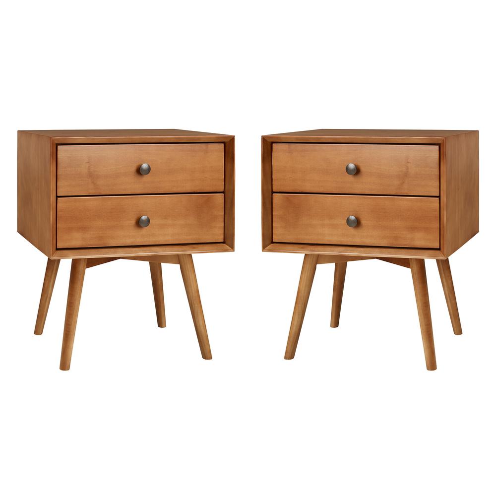 Mid Century Modern 2-Piece 2 Drawer Solid Wood Nightstand Set - Caramel. Picture 2
