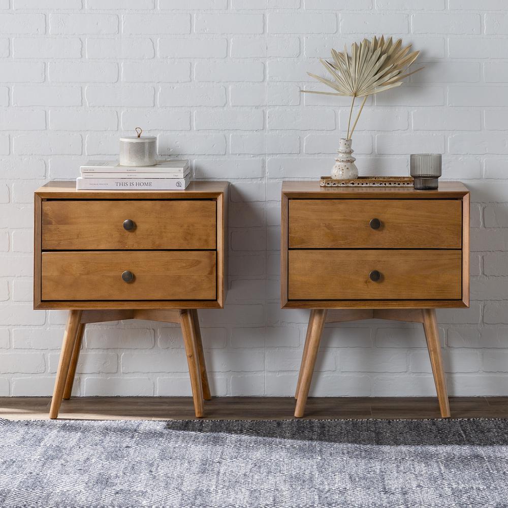 Mid Century Modern 2-Piece 2 Drawer Solid Wood Nightstand Set - Caramel. Picture 4