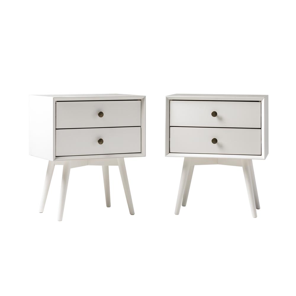 Mid Century Modern 2-Piece 2 Drawer Solid Wood Nightstand Set - White. Picture 1