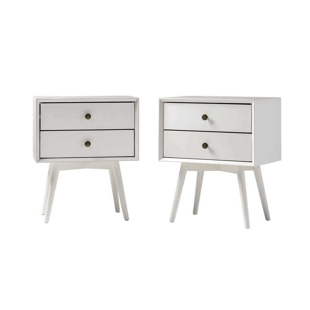 Mid Century Modern 2-Piece 2 Drawer Solid Wood Nightstand Set - White. Picture 4