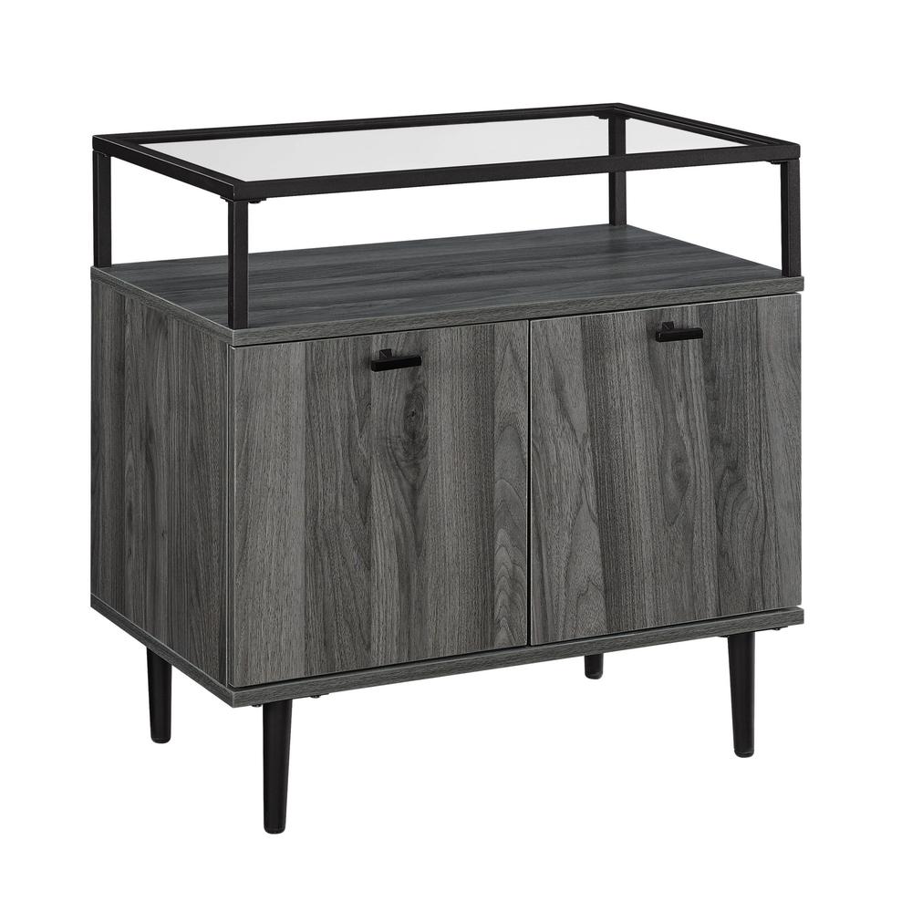 Modern Glass Top 2-Door Side Table - Slate Grey. Picture 2