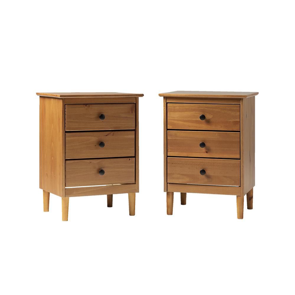 2 Pack 3 Drawer Solid Wood Nightstands- Caramel. Picture 1