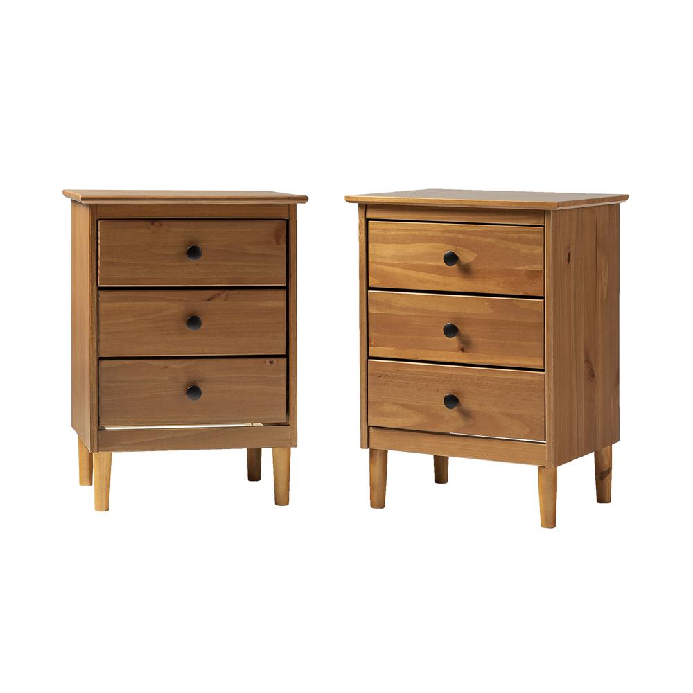 2 Pack 3 Drawer Solid Wood Nightstands- Caramel. Picture 2