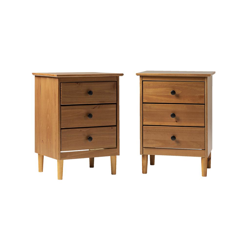2 Pack 3 Drawer Solid Wood Nightstands- Caramel. Picture 3