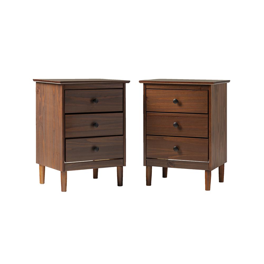 2 Pack 3 Drawer Solid Wood Nightstands- Walnut. Picture 2