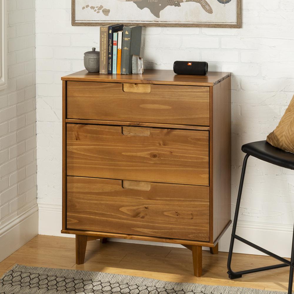 3 Drawer Mid Century Modern Wood Dresser - Caramel. Picture 2