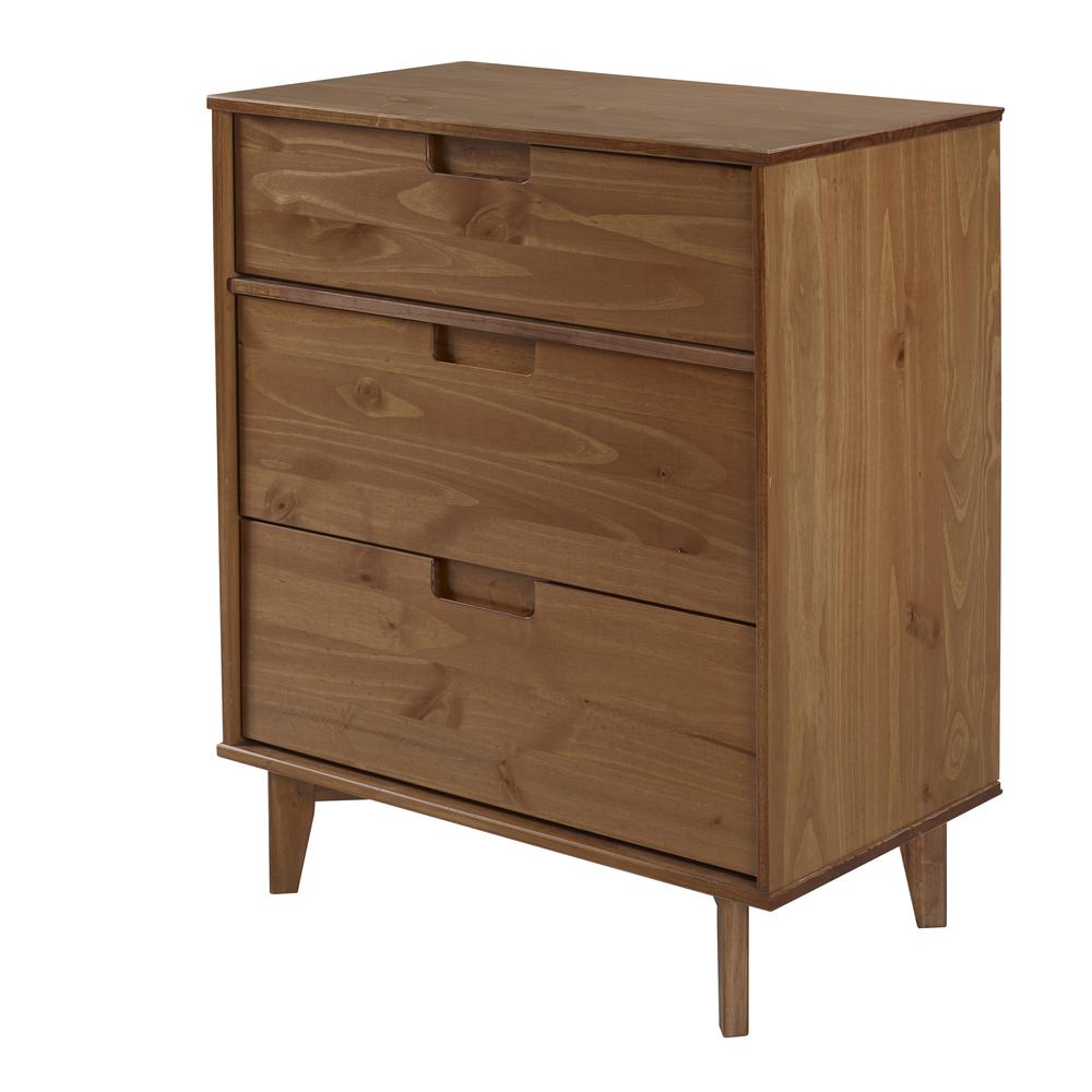 3 Drawer Mid Century Modern Wood Dresser - Caramel. Picture 1