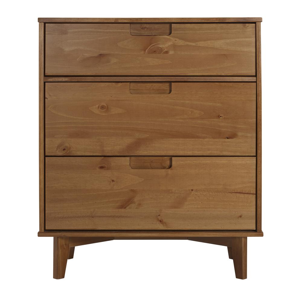 3 Drawer Mid Century Modern Wood Dresser - Caramel. Picture 3