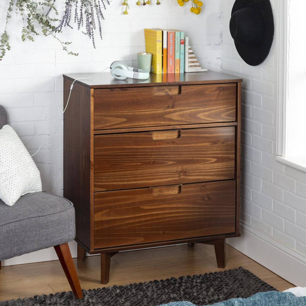 3 Drawer Mid Century Modern Wood Dresser - Walnut. Picture 2