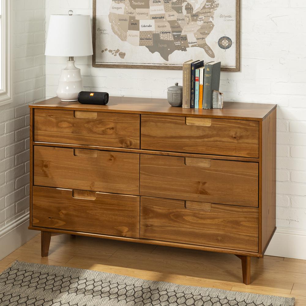 6 Drawer Mid Century Modern Wood Dresser - Caramel. Picture 4